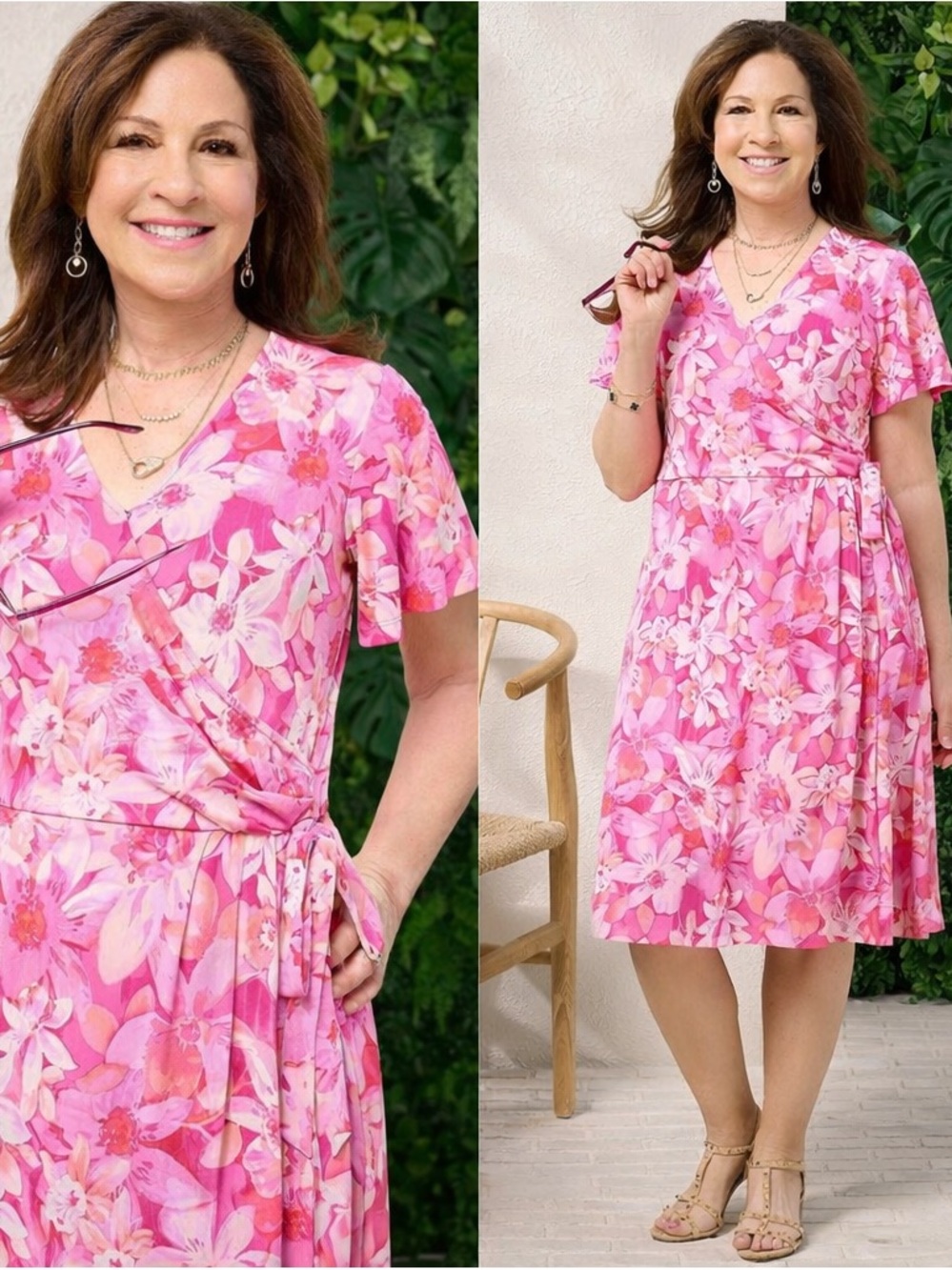 Susan Graver Liquid Knit Faux Wrap Floral Pink Dress Midi Stretch Size M Flowy